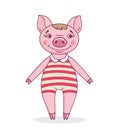 A little piglet in a cartoon style dressed in striped leotard