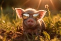 Little piglet with sunglasses in a meadow with lots of sunshine.