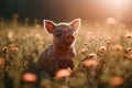 Little piglet with sunglasses in a meadow with lots of sunshine.