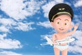 Little Pilot Concept. Cartoon Cute Baby Boy in Airline Pilots Hat and Modern Passenger Airplane in Hand. 3d Rendering Royalty Free Stock Photo