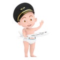 Little Pilot Concept. Cartoon Cute Baby Boy in Airline Pilots Hat and Modern Passenger Airplane in Hand. 3d Rendering Royalty Free Stock Photo