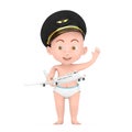 Little Pilot Concept. Cartoon Cute Baby Boy in Airline Pilots Hat and Modern Passenger Airplane in Hand. 3d Rendering