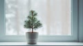 Little pine tree in a pot on a windowsill, with winter landscape seen through the window. Generative AI Royalty Free Stock Photo