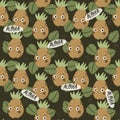 Seamless pattern with cartoon pineapple, decor elements. hand drawing, flat style.