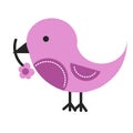 Little pink bird carrying a small pink flower. Flat cartoon illustration.