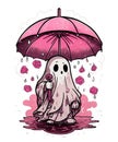 little pink ghost with umbrella in autumn rain kawaii art for halloween