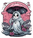 little pink ghost with umbrella in autumn rain kawaii art for halloween