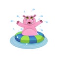 Little pink hippopotamus with swimming circle. Cartoon