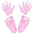 Little pink palm, handprint, footprint. Baby shower, gender reveal party, design invitation. Boy or girl. Hand drawn