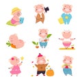 Little Pink Pig Character Engaged in Different Activity Vector Set