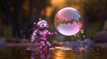 A small pink robot stands in the water.