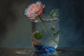 Little pink rose in a vase with blue water, AI generated