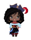 Little pirate girl in a hat with a feather, With dark skin, black hair and grey eyes