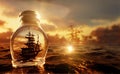 Miniature pirate ship in glass bottle Royalty Free Stock Photo