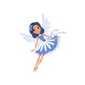 Little pixie in blue fancy dress. Cartoon fairy with magic wings and floral accessories in hair. Cute fairytale
