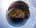 Little planet. Aerial landscape of Ieranto bay in demi-island Sorrento, Mountains, rocky shores and blue sea. Good sunny weather