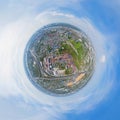 Little planet 360 degree sphere. Panorama of aerial of container cargo ship in the export and import business and logistics