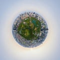 Little planet 360 degree sphere. Panorama of aerial of green trees in Lumpini Park, Sathorn, Bangkok Downtown Skyline. Thailand.
