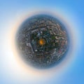 Little planet 360 degree sphere. Panorama of aerial top view of Phra Pathommachedi temple at sunset. The golden buddhist pagoda,