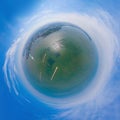 Little planet 360 degree sphere. Panorama of aerial view of aquaculture nets for fish farm in a lake in Sri Racha, Chonburi,