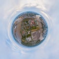 Little planet 360 degree sphere. Panorama of aerial view of Bhumibol Bridge and Chao Phraya River in structure of suspension