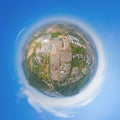 Little planet 360 degree sphere. Panorama of aerial view of electricity generating, voltage poles. Power lines on utility tower