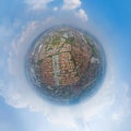 Little planet 360 degree sphere. Panorama of aerial view of residential neighborhood. Urban housing development from above. Top