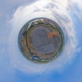 Little planet 360 degree sphere. Panorama of aerial view of stack of large mountain garbage pile, plastic bags, and trash in