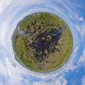 Little planet 360 degree sphere. Panorama of aerial view of trees in Rayong Botanical Garden, Old Paper Bark Forest, tropical Royalty Free Stock Photo