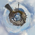 Little planet 360 degree sphere. Panoramic view of Rambla de Mar in Barcelona city