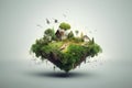 Little planet with houses and birds flying in the sky. Generative AI Royalty Free Stock Photo