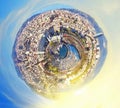 Little planet panorama of Barcelona, Spain at fantasy sunset
