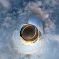 Little planet. Spherical aerial 360 view panorama on asphalt road among fields in summer evening sunset with awesome clouds Royalty Free Stock Photo