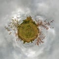 Little planet spherical panorama 360 degrees. Spherical aerial view in autumn apple garden orchard. Curvature of space