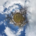 Little planet spherical panorama 360 degrees. Spherical aerial view in blooming apple garden orchard with dandelions. Curvature