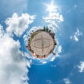 Little planet transformation of spherical panorama 360 degrees. Spherical abstract aerial view in small city with awesome Royalty Free Stock Photo