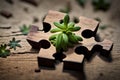 little plant emerging from a wooden jigsaw puzzles blank