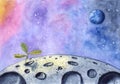 Little plant grown on Moon`s surface in outer space, watercolor, hand drawn Royalty Free Stock Photo