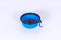 Little plastic dog bowl with some dry food, carabiner clasp for backling up to the belt, allowing to walk with pet for a long time