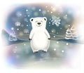 Little polar bear with snowflakes on blue background.Christmas concept