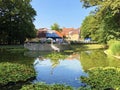 Little pond with crane bird statue in the Spa garden Julijes park or Umjetno jezerce sa statuom zdrala u Julijevom parku