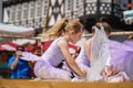 Little preschool girl dancing ballet at city festival. Beautiful happy child ballerina in tutu dress Royalty Free Stock Photo