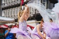 Little preschool girl dancing ballet at city festival. Beautiful happy child ballerina in tutu dress Royalty Free Stock Photo