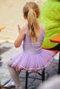 Little preschool girl dancing ballet at city festival. Beautiful happy child ballerina in tutu dress Royalty Free Stock Photo