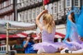 Little preschool girl dancing ballet at city festival. Beautiful happy child ballerina in tutu dress Royalty Free Stock Photo