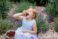 Little preschool girl picking and eating ripe cherries from tree in garden. Happy toddler child holding fresh fruits Royalty Free Stock Photo