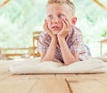 Little pretty boy portrait on the garden terrace Royalty Free Stock Photo