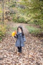 Little pretty girl with autumn leaves in an autumn park