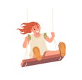 Little pretty girl child cartoon character riding on wooden swing isolated on white background Royalty Free Stock Photo