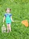 Little pretty girl stands with butterfly net and Royalty Free Stock Photo